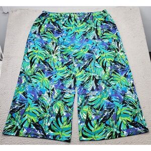Slinky Cropped Pants Womens 3X Multicolor Palm Leaf Print Wide Leg Elastic Waist